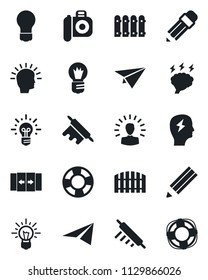 Set of vector isolated black icon - automatic door vector, brainstorm, bulb, camera, pencil, fence, rolling pin, shining head, idea, paper plane, crisis management