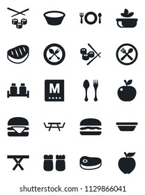 Set of vector isolated black icon - spoon and fork vector, picnic table, cafe, menu, salad, salt pepper, steak, hamburger, bowl, sushi, apple fruit