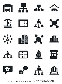 Set of vector isolated black icon - hierarchy vector, well, molecule, hospital, office building, garage, plan, home message