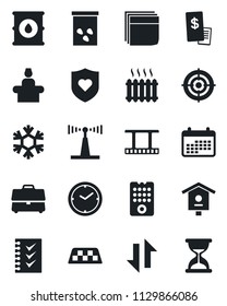 Set of vector isolated black icon - taxi vector, reception, seeds, bird house, heart shield, oil barrel, film frame, antenna, data exchange, case, clock, blank box, checklist, target, heater, sand