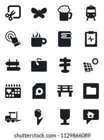 Set of vector isolated black icon - suitcase vector, train, signpost, fork loader, butterfly, bench, medical calendar, pulse clipboard, fragile, tulip, touch screen, folder, cut, document search