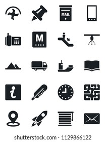 Set of vector isolated black icon - escalator vector, book, ripper, thermometer, office phone, sea shipping, car delivery, clock, paper pin, mobile, place tag, mailbox, mountains, menu, chip, rocket