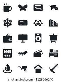 Set of vector isolated black icon - ticket vector, desk, presentation board, wheelbarrow, butterfly, water drop, caterpillar, warehouse storage, speaker, stopwatch, coffee, hr, office building