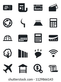 Set of vector isolated black icon - ticket vector, brainstorm, tree, sickle, greenhouse, plane, term, sorting, news, network, calculator, rooms, wireless, alcove, credit card, warm floor, contract