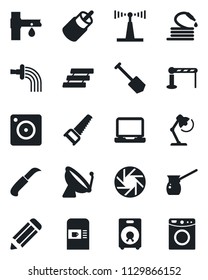 Set of vector isolated black icon - satellite antenna vector, barrier, coffee machine, job, pencil, watering, saw, hose, garden knife, drip irrigation, laptop pc, speaker, rca, mobile camera, washer