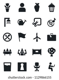 Set of vector isolated black icon - fence vector, suitcase, female, meeting, flower in pot, watering can, garden light, real heart, user, cut, music, office chair, fruit tree, cafe, drink, windmill