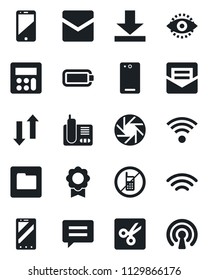 Set of vector isolated black icon - no mobile vector, phone, cell, radio, back, message, camera, calculator, mail, folder, data exchange, download, wireless, cut, eye id, battery, sertificate