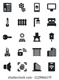 Set of vector isolated black icon - office building vector, fireplace, bird house, phone, monitor, key, bedroom, fingerprint, wireless lock, home control app, gear, thermometer, radiator, sound