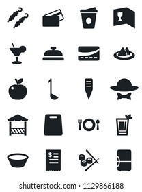Set of vector isolated black icon - coffee vector, plant label, serviette, cafe, wine card, reception, cocktail, phyto bar, dress code, alcove, credit, restaurant receipt, kebab, ladle, bowl, sushi