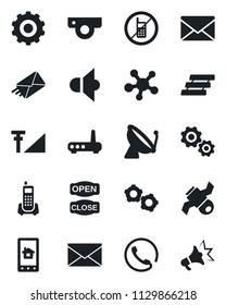 Set of vector isolated black icon - satellite antenna vector, no mobile, gear, mail, office phone, speaker, share, cellular signal, paper tray, open close, router, web camera, home control app