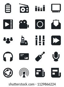 Set of vector isolated black icon - radio vector, antenna, news, settings, equalizer, tv, microphone, network, headphones, phone, group, battery, mail, fast forward, jack connector, record, video