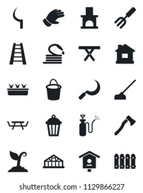 Set of vector isolated black icon - garden fork vector, ladder, bucket, sproute, glove, house, seedling, hose, hoe, sickle, axe, light, fireplace, greenhouse, picnic table, bird, sprayer, fence