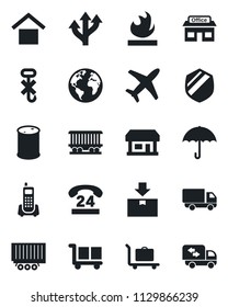 Set of vector isolated black icon - baggage trolley vector, route, earth, railroad, store, plane, office phone, 24 hours, truck trailer, car delivery, cargo, umbrella, warehouse storage, no hook