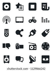 Set of vector isolated black icon - satellite antenna vector, reel, radio, news, gamepad, equalizer, tv, video camera, remote control, dialog, share, speaker, finger down, favorites list, rec, rca