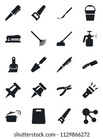 Set of vector isolated black icon - pen vector, drawing pin, trowel, rake, bucket, pruner, saw, hoe, garden sprayer, scalpel, themes, torch, stapler, cutting board, knife, steaming pan, social media