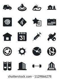 Set of vector isolated black icon - office building vector, book, sun, syringe, barbell, satellite, network, favorites list, calendar, fingerprint id, pie graph, house with tree, pond, smart home