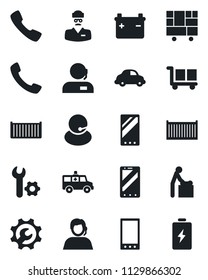 Set of vector isolated black icon - baby room vector, mobile phone, ambulance car, doctor, support, cargo container, delivery, consolidated, call, root setup, battery