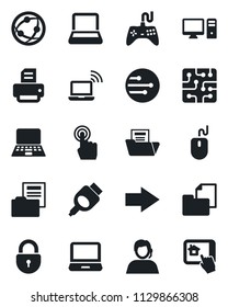 Set of vector isolated black icon - wireless notebook vector, right arrow, lock, mouse, pc, printer, support, folder document, gamepad, network, touch screen, laptop, hdmi, chip, home control app