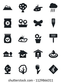 Set of vector isolated black icon - storm cloud vector, flower in pot, tree, butterfly, plant label, bird house, fertilizer, tulip, with, pond, fruit, mountains, eco, water, smoke detector