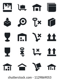 Set of vector isolated black icon - baggage trolley vector, fragile, cargo, warehouse storage, up side sign, no, hook, package, search, scanner, blank box
