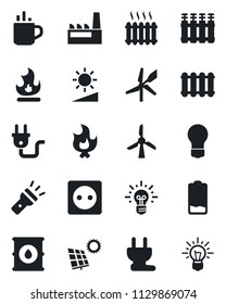 Set of vector isolated black icon - hot cup vector, bulb, fire, oil barrel, low battery, torch, brightness, sun panel, heater, factory, socket, power plug, radiator, windmill, idea