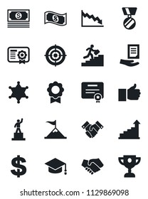 Set of vector isolated black icon - growth statistic vector, dollar sign, pedestal, medal, graduate, document, cash, finger up, sertificate, target, handshake, career ladder, police, motivation
