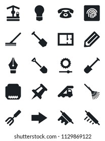 Set of vector isolated black icon - right arrow vector, ladder car, drawing pin, bulb, job, pencil, garden fork, shovel, rake, well, hdmi, brightness, fingerprint id, ink pen, plan, phone, rolling