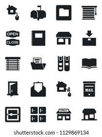 Set of vector isolated black icon - shop vector, checkroom, book, store, package, mail, scanner, folder, copybook, document, mailbox, open close, home control, jalousie, door, storefront