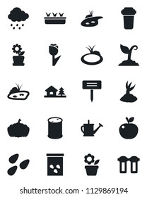 Set of vector isolated black icon - flower in pot vector, watering can, sproute, seedling, rain, plant label, pumpkin, seeds, pond, tulip, oil barrel, house with tree, apple fruit, water filter