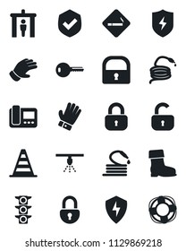 Set of vector isolated black icon - security gate vector, smoking place, border cone, glove, boot, hose, traffic light, shield, protect, lock, key, intercome, sprinkler, crisis management