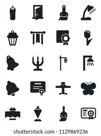 Set of vector isolated black icon - pennant vector, butterfly, garden light, tulip, themes, bell, sertificate, desk lamp, restaurant table, candle, outdoor, door, pennon, certificate