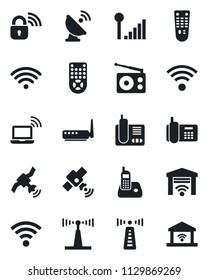 Set of vector isolated black icon - antenna vector, wireless notebook, office phone, satellite, radio, remote control, cellular signal, lock, router, garage gate