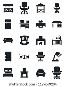 Set of vector isolated black icon - cafe vector, desk, fireplace, office chair, lamp, bedroom, children room, cushioned furniture, restaurant table, alcove, fridge