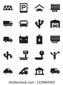 Set of vector isolated black icon - dispatcher vector, taxi, airport bus, parking, ladder car, route, truck trailer, delivery, heavy scales, garage, gate control, battery