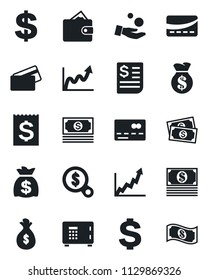 Set of vector isolated black icon - credit card vector, safe, dollar sign, money bag, cash, receipt, wallet, growth graph, search, investment