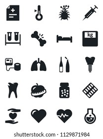 Set of vector isolated black icon - bed vector, heart, pulse, diagnosis, syringe, blood pressure, test vial, scales, pills bottle, blister, ampoule, hand, lungs, caries, implant, broken bone, diet