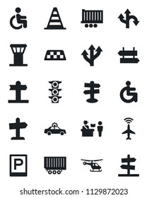 Set of vector isolated black icon - airport tower vector, plane radar, taxi, parking, passport control, signpost, alarm car, border cone, helicopter, disabled, route, traffic light, truck trailer
