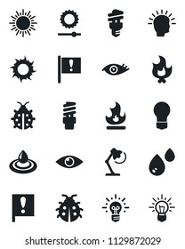 Set of vector isolated black icon - sun vector, bulb, lady bug, fire, eye, important flag, brightness, desk lamp, water, energy saving, shining head, idea