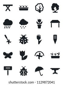 Set of vector isolated black icon - umbrella vector, flower in pot, ripper, tree, butterfly, lady bug, seedling, rain, plant label, picnic table, tulip