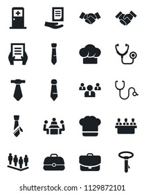 Set of vector isolated black icon - medical room vector, handshake, team, tie, document, stethoscope, meeting, cook hat, case