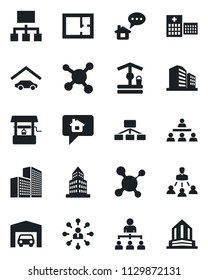 Set of vector isolated black icon - hierarchy vector, well, molecule, hospital, office building, garage, plan, home message