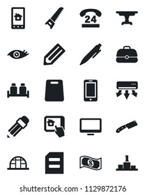 Set of vector isolated black icon - mobile phone vector, pen, document, pencil, saw, greenhouse, eye, 24 hours, monitor, table, salt and pepper, cutting board, knife, air conditioner, cash, case