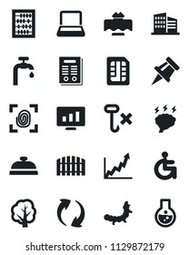 Set of vector isolated black icon - abacus vector, brainstorm, statistic monitor, tree, caterpillar, disabled, no hook, update, sim, drawing pin, notebook pc, contract, water supply, fence, flask
