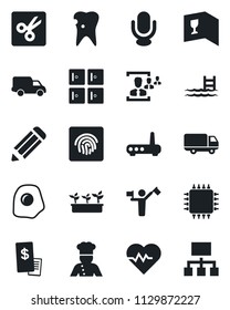 Set of vector isolated black icon - dispatcher vector, checkroom, pencil, seedling, heart pulse, caries, car delivery, microphone, cut, fingerprint id, hr, pool, cook, wine card, restaurant receipt