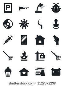 Set of vector isolated black icon - parking vector, stamp, boarding, factory, circle chart, rake, lady bug, fire, house, sickle, syringe, joint, virus, mobile, desk lamp, sweet home, crane, outdoor