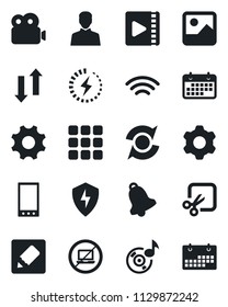 Set of vector isolated black icon - no laptop vector, term, mobile, menu, gallery, protect, settings, user, bell, notes, data exchange, wireless, cut, music, video, charge, update, calendar