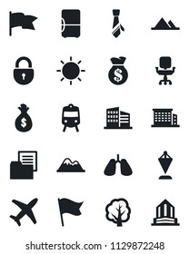 Set of vector isolated black icon - train vector, lock, pennant, tree, sun, lungs, plane, folder document, office chair, tie, mountains, building, fridge, money bag, flag