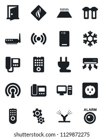 Set of vector isolated black icon - phone back vector, socket, power plug, remote control, irrigation, wireless, router, snowflake, air conditioner, intercome, pc, gear, water filter, smoke detector