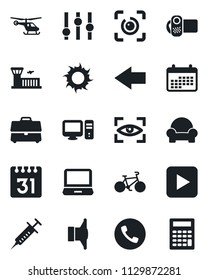 Set of vector isolated black icon - phone vector, left arrow, helicopter, airport building, sun, syringe, bike, speaker, settings, video camera, laptop pc, play button, calendar, eye id, case, scan