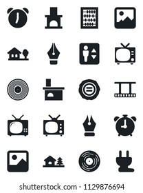 Set of vector isolated black icon - elevator vector, alarm clock, tv, abacus, stamp, fireplace, film frame, vinyl, gallery, ink pen, house with tree, power plug